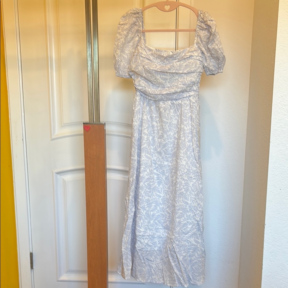 Blue Ruched Ruffled Maxi Dress with Puff Sleeves NWOT